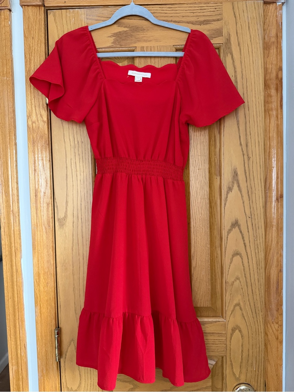 Red Square-Neck Smocked Waist Dress